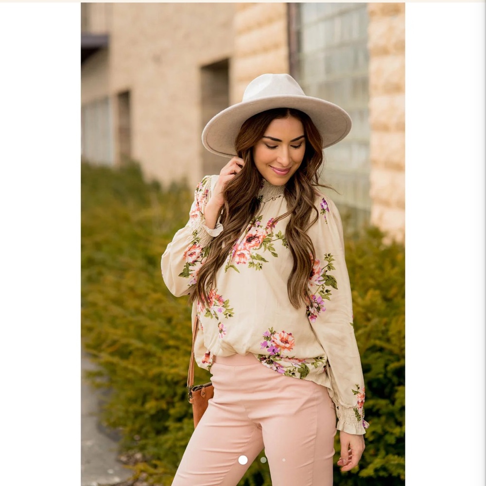 Ces Femme Floral Smocked Neck Blouse - Cream and Pink
